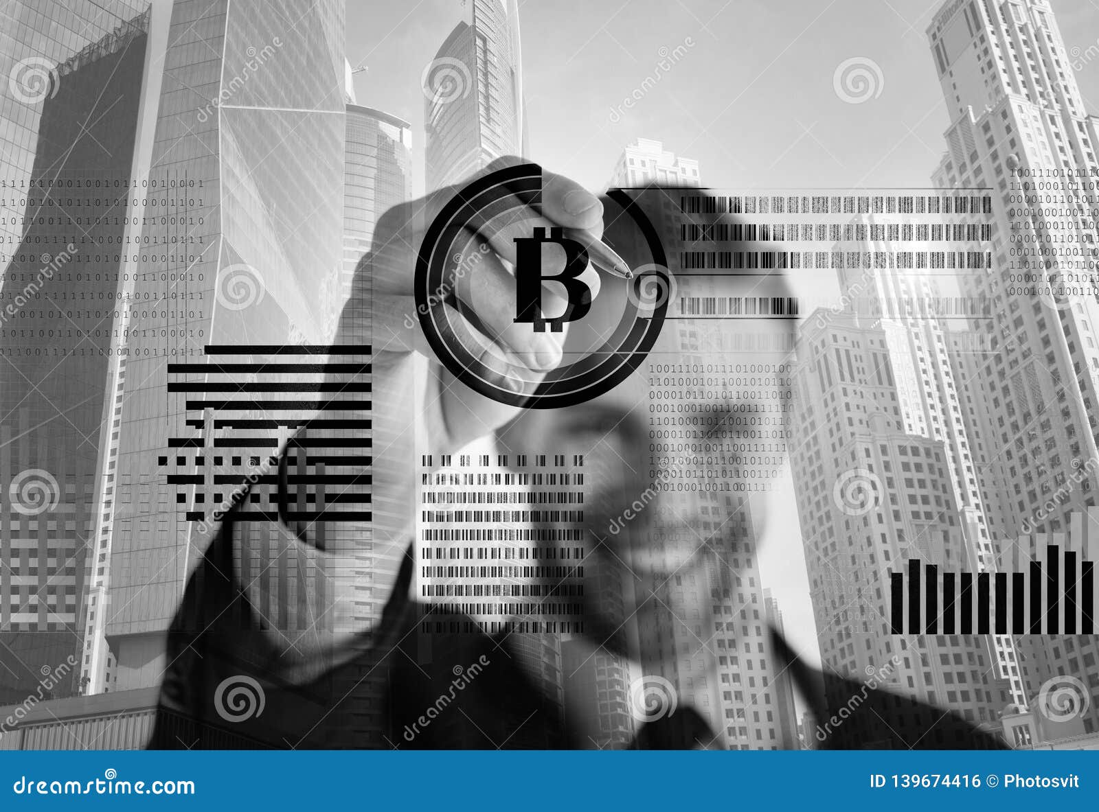 Man Interact Virtual Display Business Graphics Create Bitcoin - 